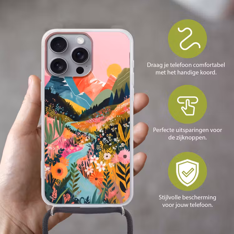 Rivier - Diepte - Bloemen Hoesje iPhone 16 Pro Max met koord klein -sfeer2_NL