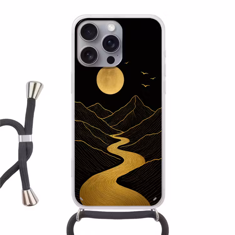 Rivier - Goud - Maan - Vogels Hoesje iPhone 16 Pro Max met koord klein -3d