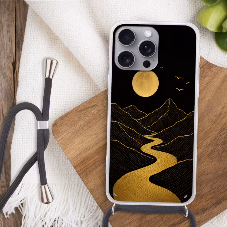 Rivier - Goud - Maan - Vogels Hoesje iPhone 16 Pro Max met koord klein -sfeer4