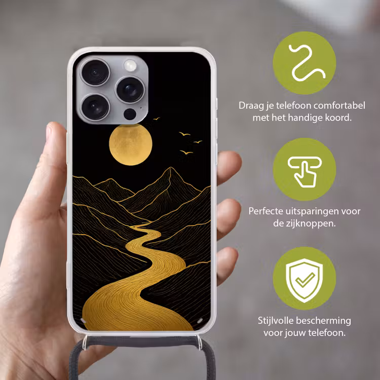 Rivier - Goud - Maan - Vogels Hoesje iPhone 16 Pro Max met koord klein -sfeer2_NL