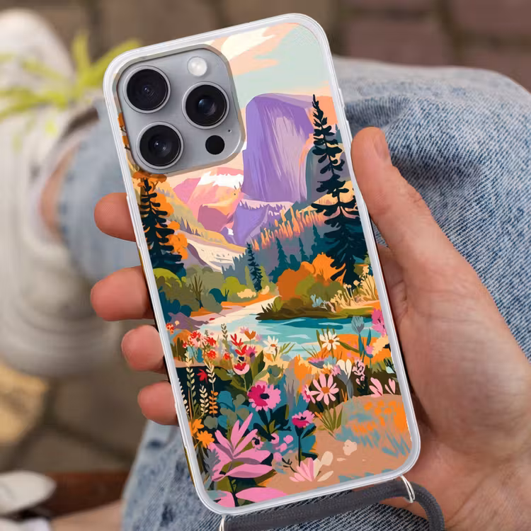 Rivier - Vallei vol bloemen - Levendig Hoesje iPhone 16 Pro Max met koord klein -sfeer3