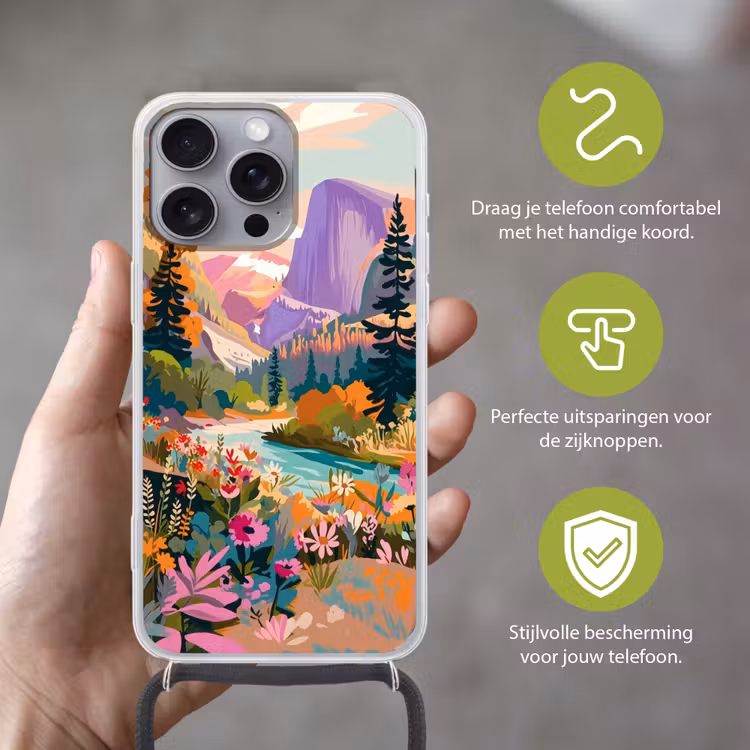 Rivier - Vallei vol bloemen - Levendig Hoesje iPhone 16 Pro Max met koord klein -sfeer2_NL