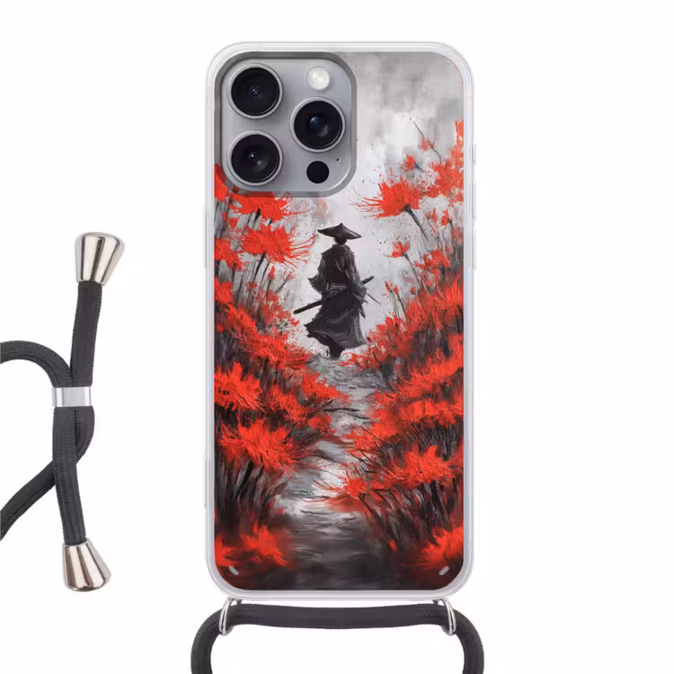 Rode bloemen - mistig - Man Hoesje iPhone 16 Pro Max met koord klein -3d