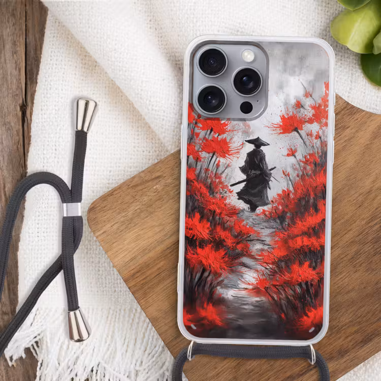 Rode bloemen - mistig - Man Hoesje iPhone 16 Pro Max met koord klein -sfeer4