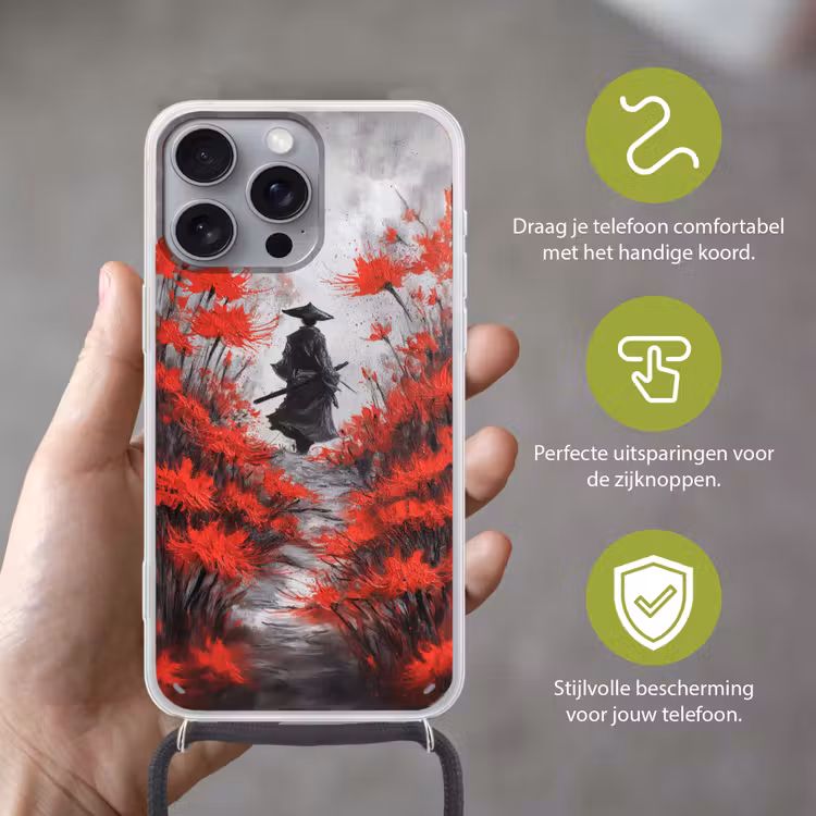 Rode bloemen - mistig - Man Hoesje iPhone 16 Pro Max met koord klein -sfeer2_NL