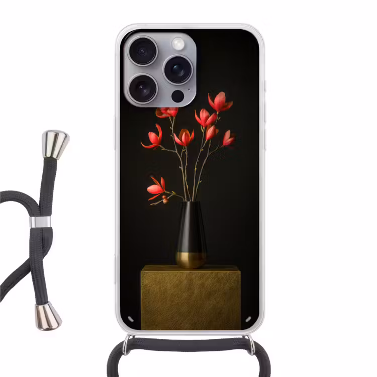 Rode - Bloemen - Vaas Hoesje iPhone 16 Pro Max met koord klein -3d