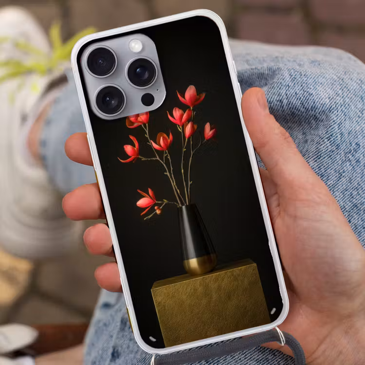 Rode - Bloemen - Vaas Hoesje iPhone 16 Pro Max met koord klein -sfeer3