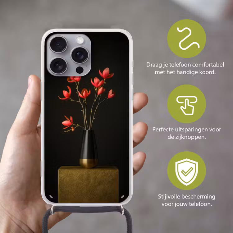 Rode - Bloemen - Vaas Hoesje iPhone 16 Pro Max met koord klein -sfeer2_NL