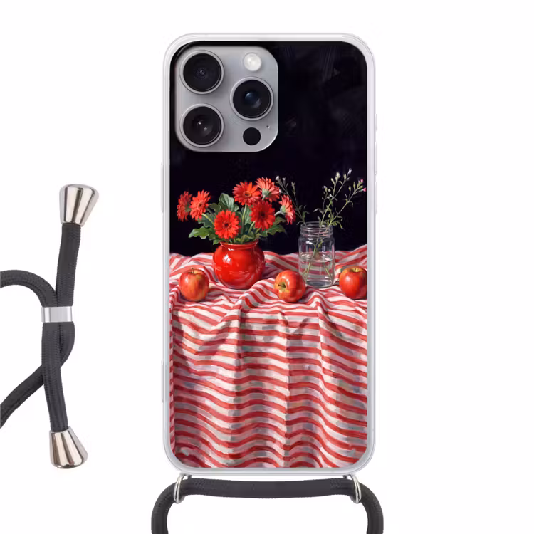 Telefoonhoesje met koord - Rode bloemen - Vaas - Rode bloemen - Vaas Hoesje iPhone 16 Pro Max met koord klein