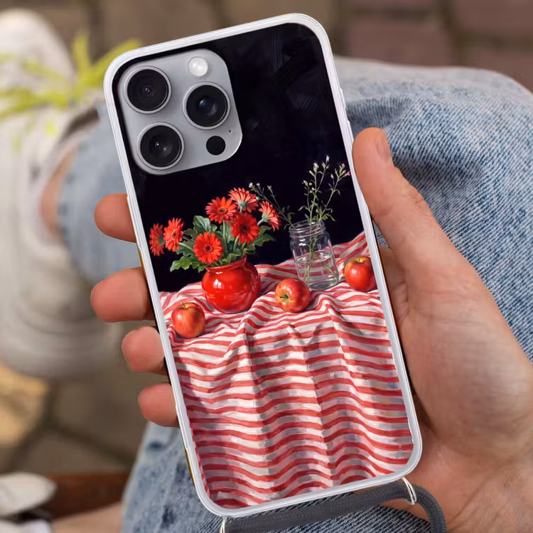 Telefoonhoesje met koord - Rode bloemen - Vaas - Rode bloemen - Vaas Hoesje iPhone 16 Pro Max met koord klein