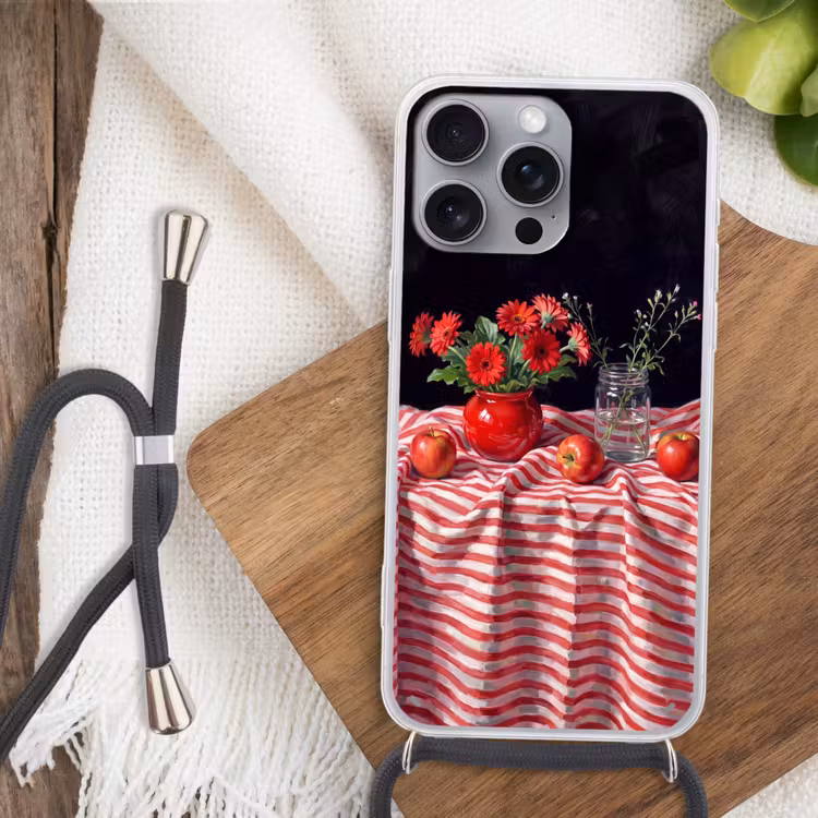 Telefoonhoesje met koord - Rode bloemen - Vaas - Rode bloemen - Vaas Hoesje iPhone 16 Pro Max met koord klein