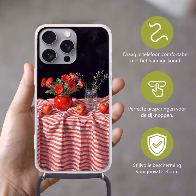 Telefoonhoesje met koord - Rode bloemen - Vaas - Rode bloemen - Vaas Hoesje iPhone 16 Pro Max met koord klein