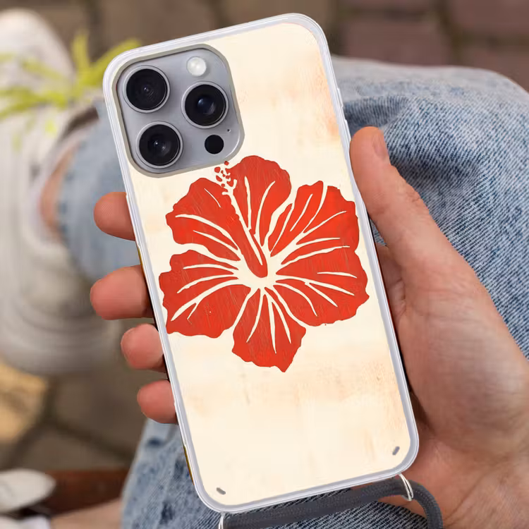 Rode hibiscusbloem - Textuur achtergrond - Beige Hoesje iPhone 16 Pro Max met koord klein -sfeer3