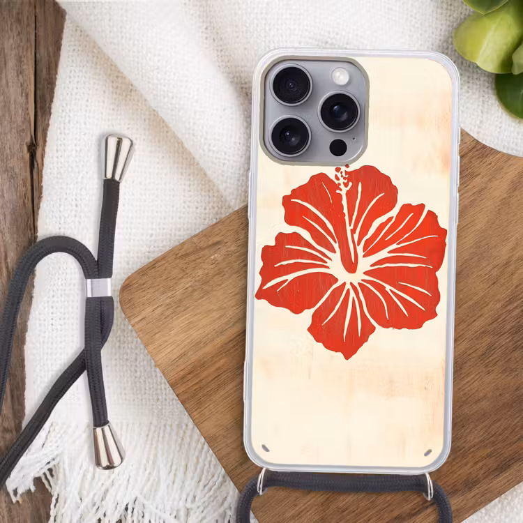 Rode hibiscusbloem - Textuur achtergrond - Beige Hoesje iPhone 16 Pro Max met koord klein -sfeer4