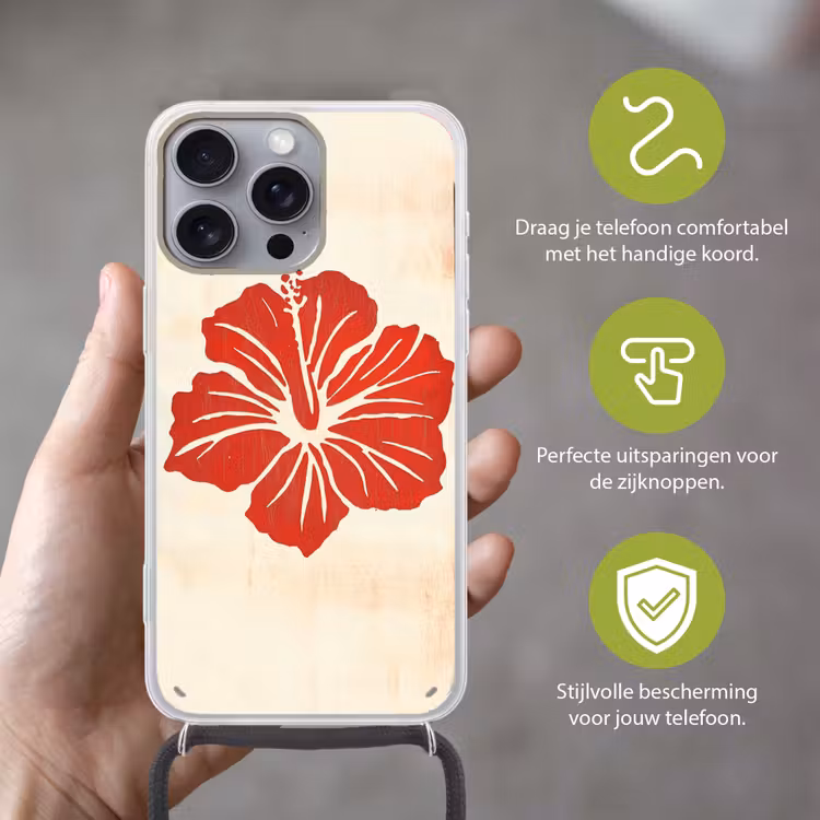 Rode hibiscusbloem - Textuur achtergrond - Beige Hoesje iPhone 16 Pro Max met koord klein -sfeer2_NL