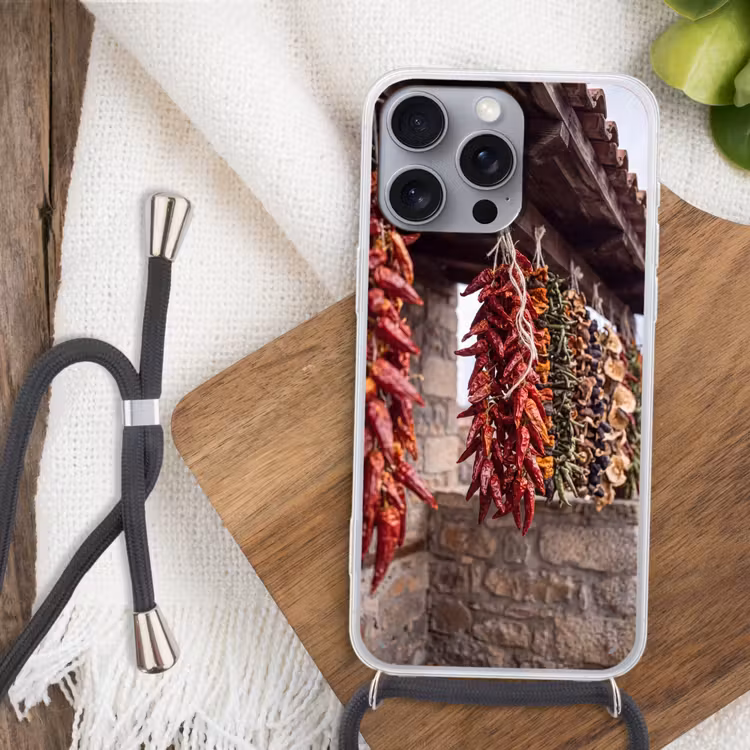Telefoonhoesje met koord - Rode pepers - Eten - Rode pepers - Eten Hoesje iPhone 16 Pro Max met koord klein