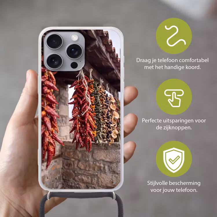 Telefoonhoesje met koord - Rode pepers - Eten - Rode pepers - Eten Hoesje iPhone 16 Pro Max met koord klein