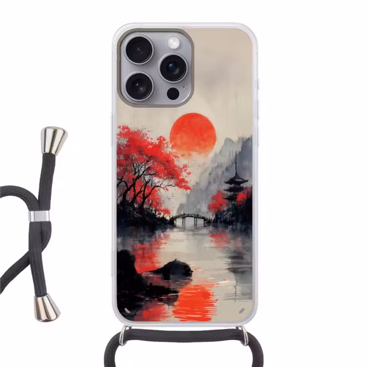 Rode zon - Rivier - brug - Bomen Hoesje iPhone 16 Pro Max met koord klein -3d