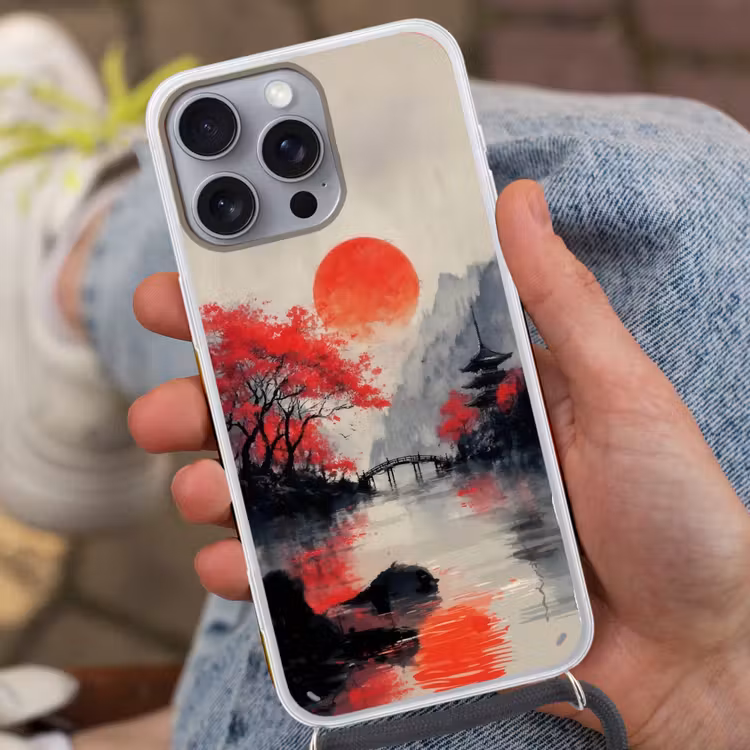 Rode zon - Rivier - brug - Bomen Hoesje iPhone 16 Pro Max met koord klein -sfeer3