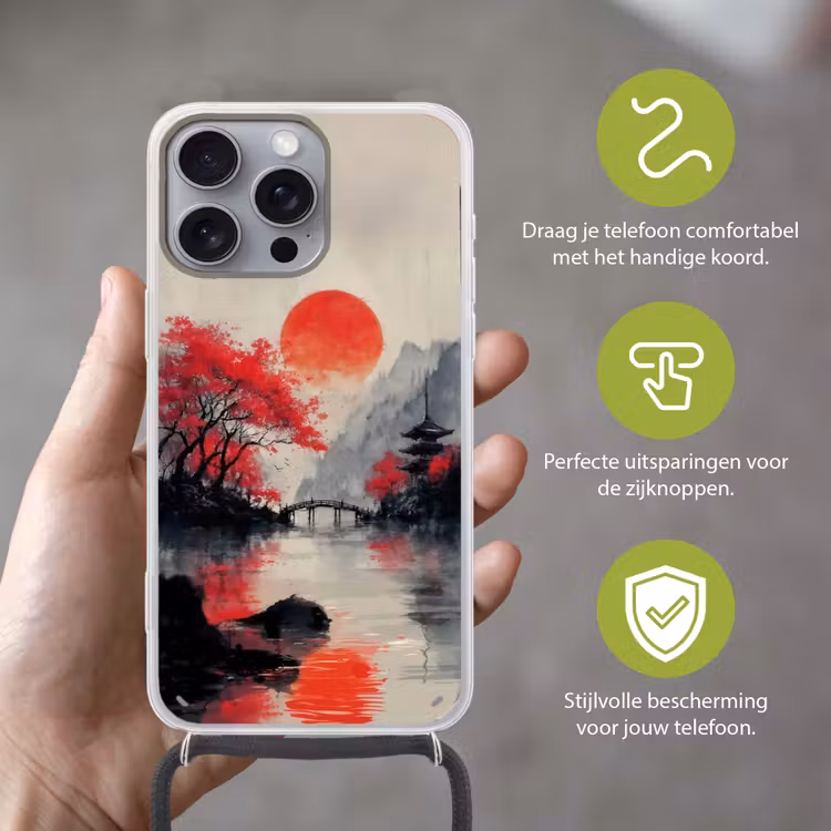Rode zon - Rivier - brug - Bomen Hoesje iPhone 16 Pro Max met koord klein -sfeer2_NL