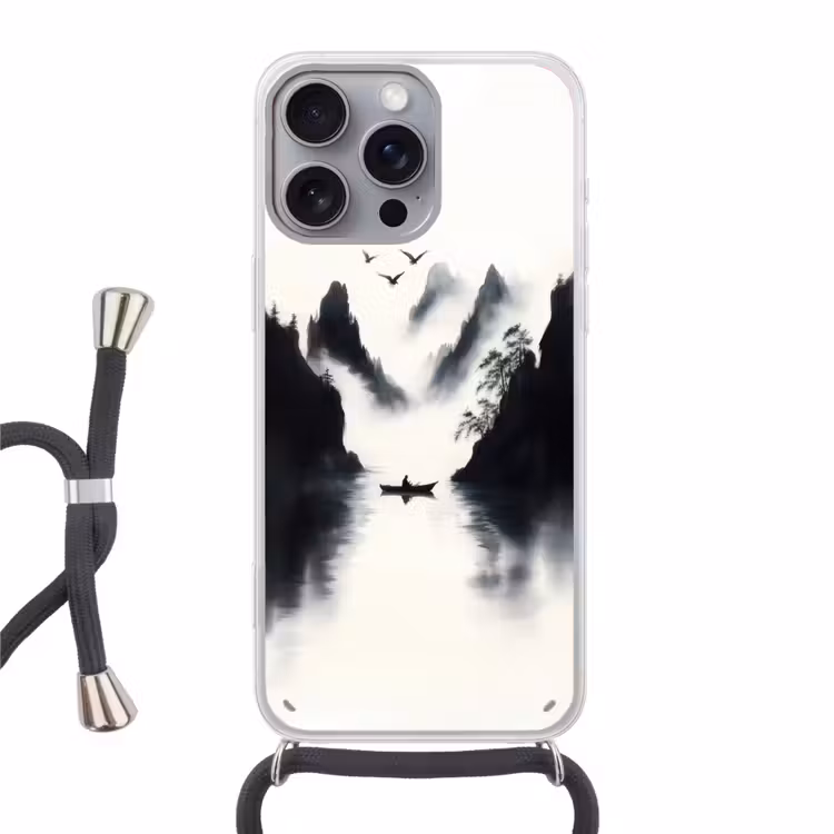 Roeiboot - Mistig - Bergen - Vogels Hoesje iPhone 16 Pro Max met koord klein -3d