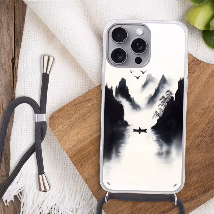 Roeiboot - Mistig - Bergen - Vogels Hoesje iPhone 16 Pro Max met koord klein -sfeer4