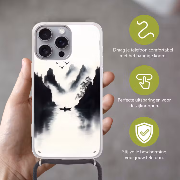 Roeiboot - Mistig - Bergen - Vogels Hoesje iPhone 16 Pro Max met koord klein -sfeer2_NL
