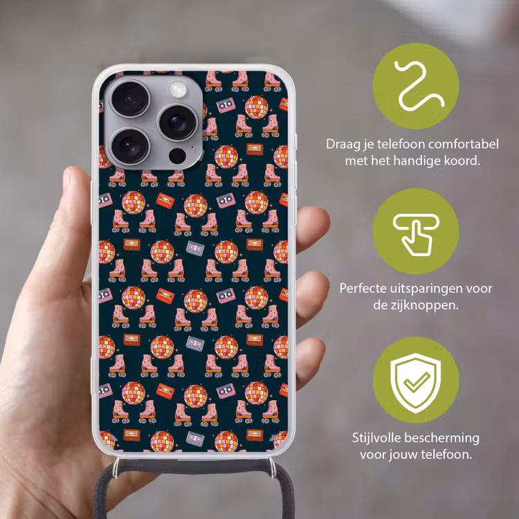 Rolschaatsen - Patroon - Disco Hoesje iPhone 16 Pro Max met koord klein 804 -sfeer2_NL
