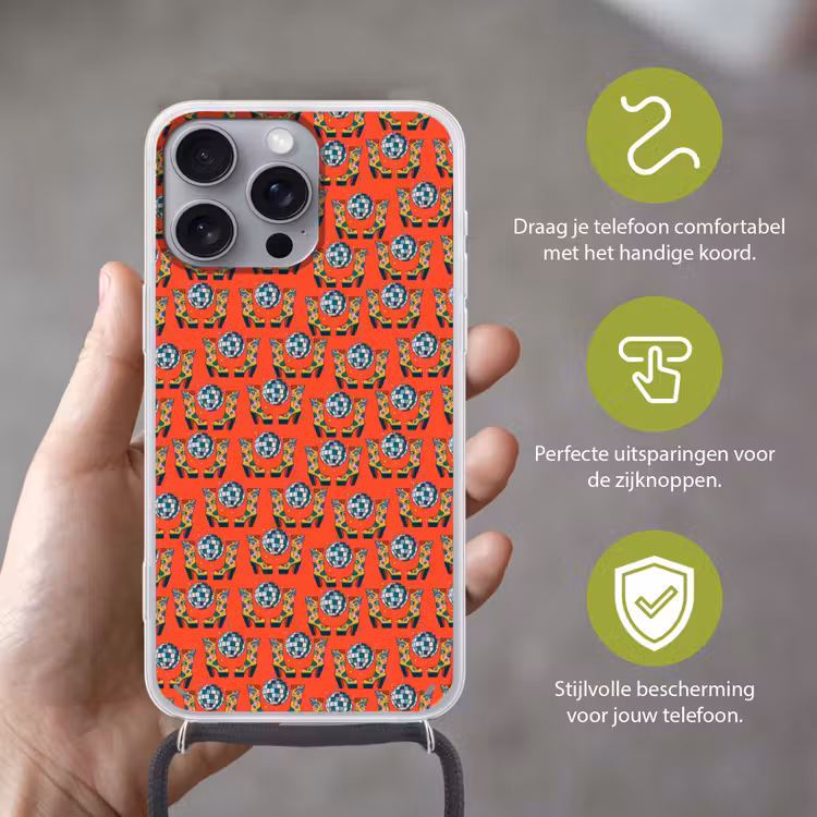 Rood - Disco - Patroon Hoesje iPhone 16 Pro Max met koord klein 804 -sfeer2_NL