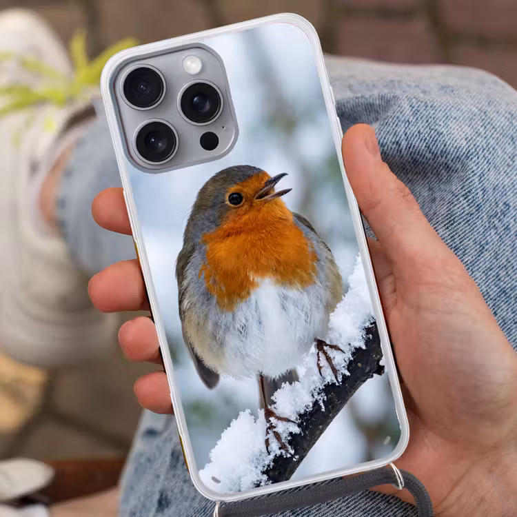 Roodborstje - Tak - Sneeuw - Winter - Levendig Hoesje iPhone 16 Pro Max met koord klein -sfeer3