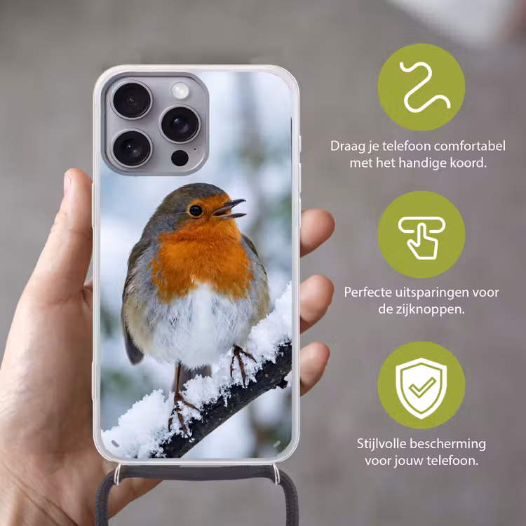 Roodborstje - Tak - Sneeuw - Winter - Levendig Hoesje iPhone 16 Pro Max met koord klein -sfeer2_NL