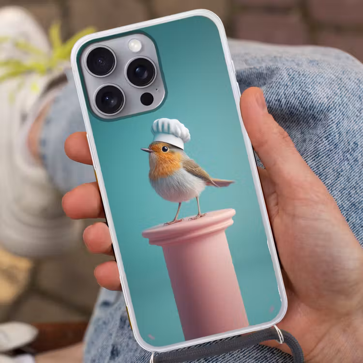Roodborstje - Vogel - Koksmuts - Sokkel Hoesje iPhone 16 Pro Max met koord klein -sfeer3