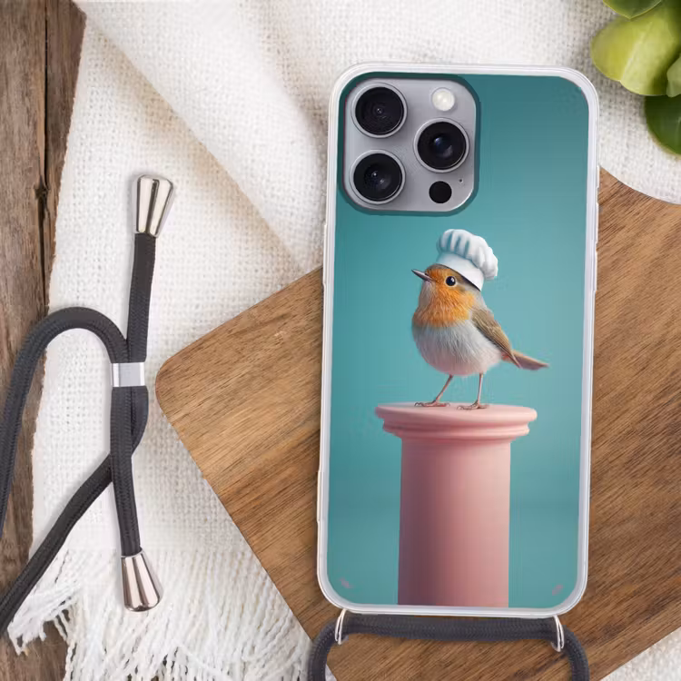 Roodborstje - Vogel - Koksmuts - Sokkel Hoesje iPhone 16 Pro Max met koord klein -sfeer4