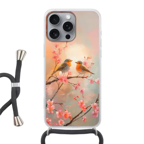Roodborstjes - Sierlijk - Bloesemtak Hoesje iPhone 16 Pro Max met koord klein -3d