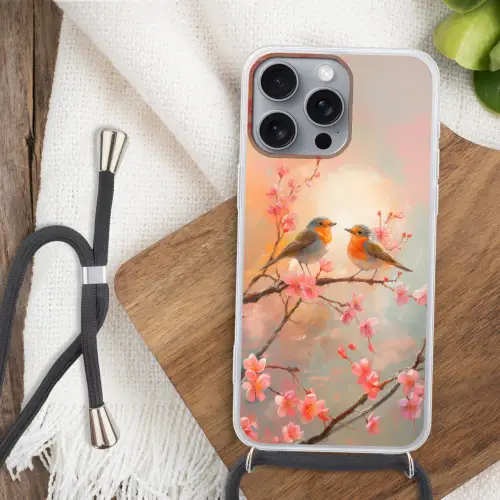 Roodborstjes - Sierlijk - Bloesemtak Hoesje iPhone 16 Pro Max met koord klein -sfeer4