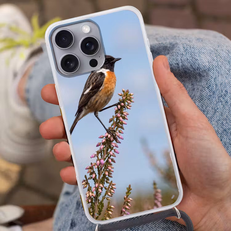 Roodborsttapuit - Heide - Paars - Natuur - Sfeervol Hoesje iPhone 16 Pro Max met koord klein -sfeer3