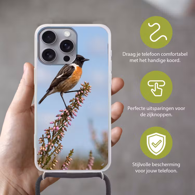 Roodborsttapuit - Heide - Paars - Natuur - Sfeervol Hoesje iPhone 16 Pro Max met koord klein -sfeer2_NL