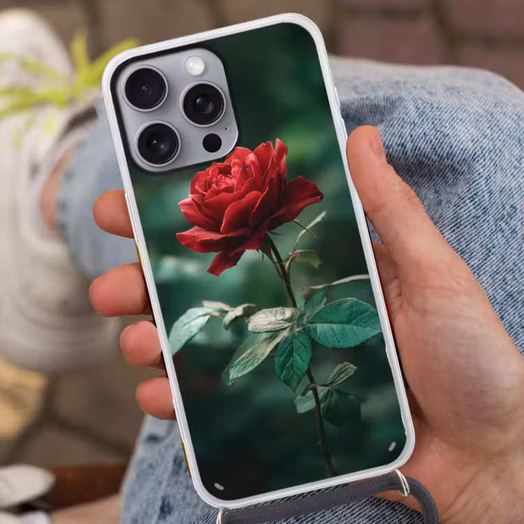 Roos - Bladeren - Dieprood Hoesje iPhone 16 Pro Max met koord klein -sfeer3