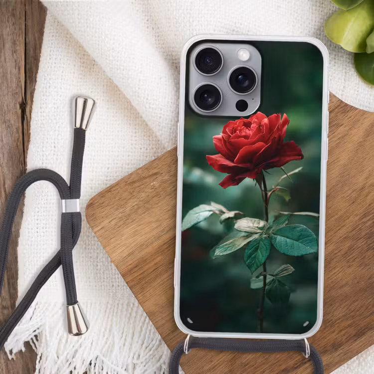 Roos - Bladeren - Dieprood Hoesje iPhone 16 Pro Max met koord klein -sfeer4