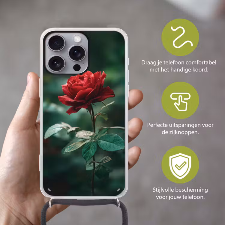 Roos - Bladeren - Dieprood Hoesje iPhone 16 Pro Max met koord klein -sfeer2_NL