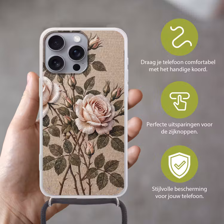 Roos - Mozaïek - Bloemen - Klassiek - Beige Hoesje iPhone 16 Pro Max met koord klein -sfeer2_NL