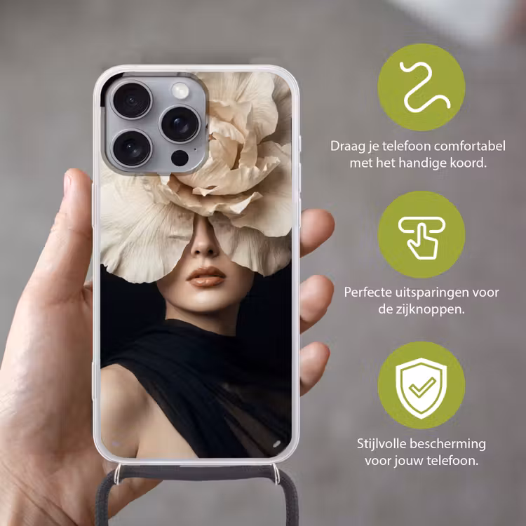 Roos - Tijdloos - Zwart Hoesje iPhone 16 Pro Max met koord klein -sfeer2_NL