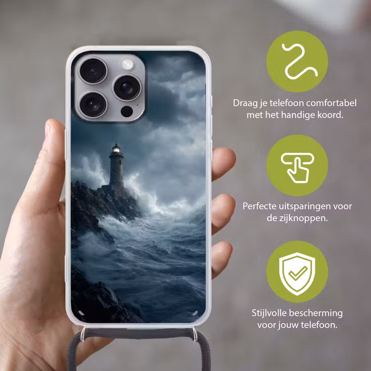 Rotsen - Vuurtoren - Golven - Klliffen Hoesje iPhone 16 Pro Max met koord klein -sfeer2_NL