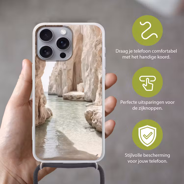 Rotsen - Zee - Zand - Kloof Hoesje iPhone 16 Pro Max met koord klein -sfeer2_NL