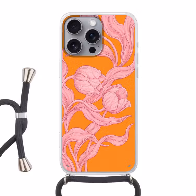 Telefoonhoesje met koord - Roze bloemen - Modern - Roze bloemen - Modern Hoesje iPhone 16 Pro Max met koord klein