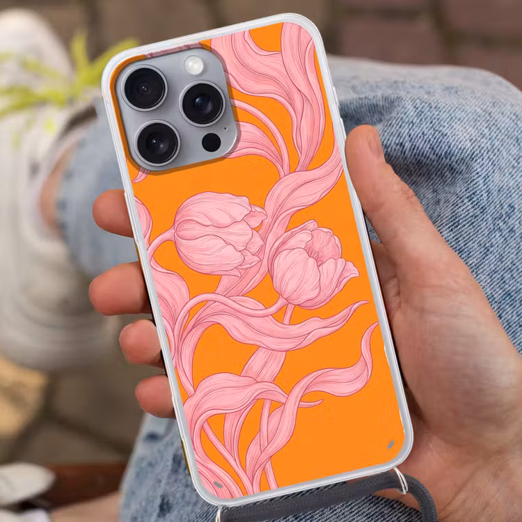Telefoonhoesje met koord - Roze bloemen - Modern - Roze bloemen - Modern Hoesje iPhone 16 Pro Max met koord klein