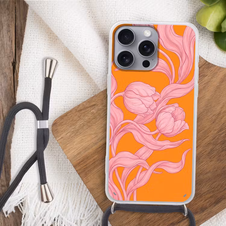 Telefoonhoesje met koord - Roze bloemen - Modern - Roze bloemen - Modern Hoesje iPhone 16 Pro Max met koord klein