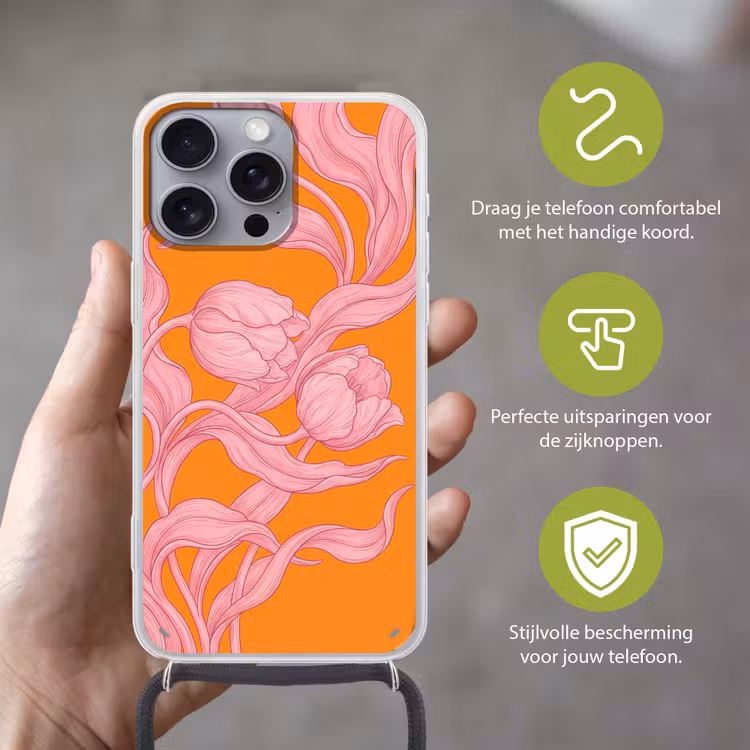 Telefoonhoesje met koord - Roze bloemen - Modern - Roze bloemen - Modern Hoesje iPhone 16 Pro Max met koord klein