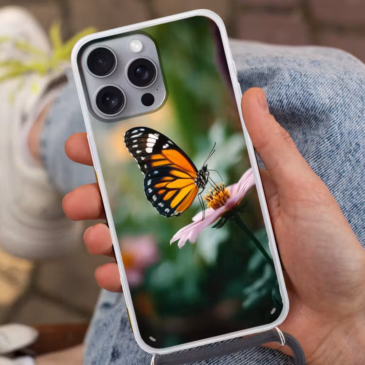 Roze bloemen - Vlinder - Zachte focus Hoesje iPhone 16 Pro Max met koord klein -sfeer3