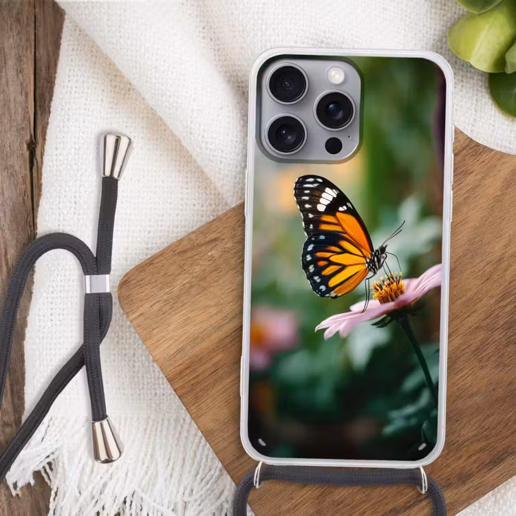 Roze bloemen - Vlinder - Zachte focus Hoesje iPhone 16 Pro Max met koord klein -sfeer4